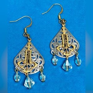 Boho Gold Brass Silver Tone Mixed Metal Filigree Art Deco Chandelier Earrings